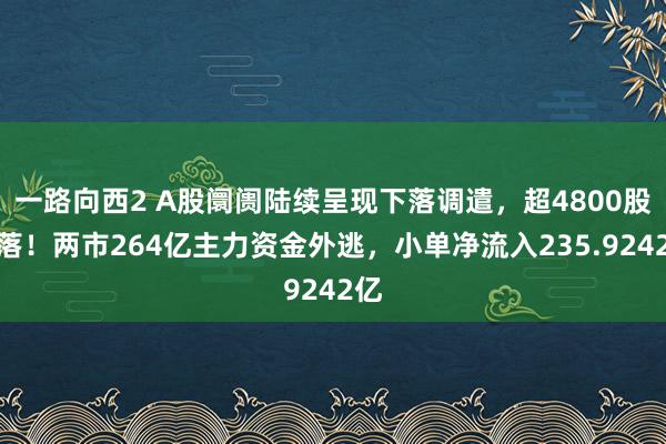 一路向西2 A股阛阓陆续呈现下落调遣，超4800股下落！两市264亿主力资金外逃，小单净流入235.9242亿